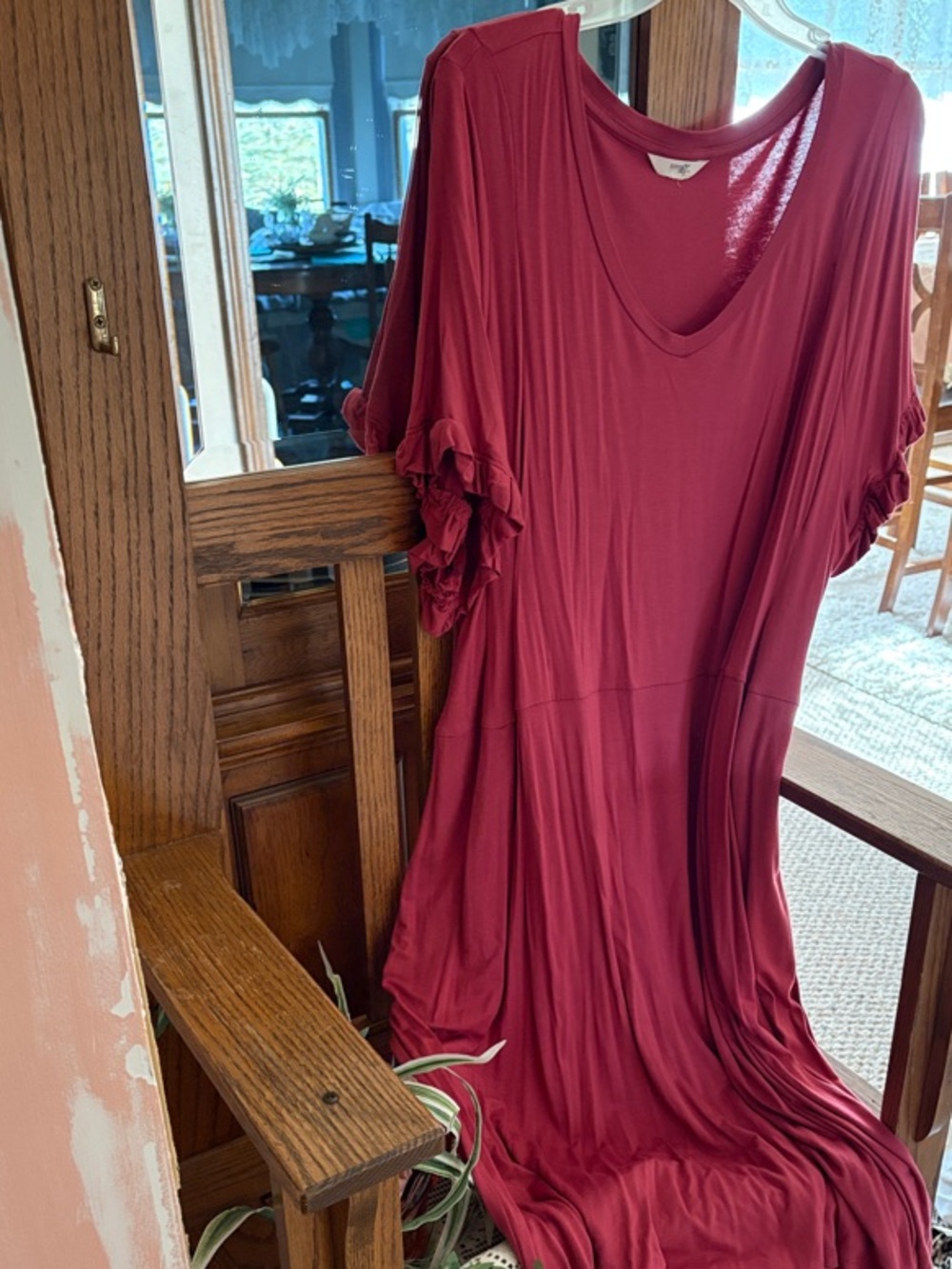 Terra & Sky Ruffled, pocketed, Sleeve Maxi Dress in coral.